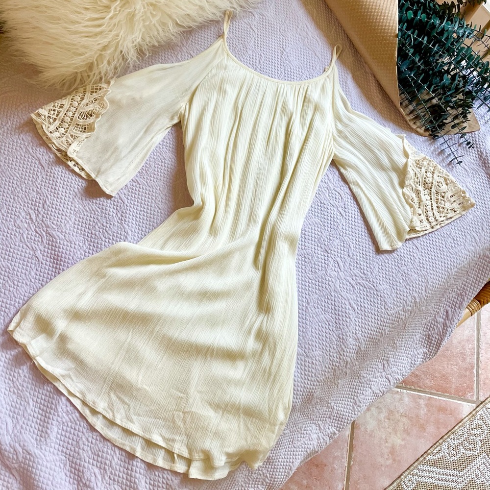 Ya Los Angeles Creme Midi Cold Shoulder Dress